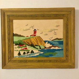 Vintage Framed Crewel Embroidery Seascape Lighthouse Seagulls Ocean 1973